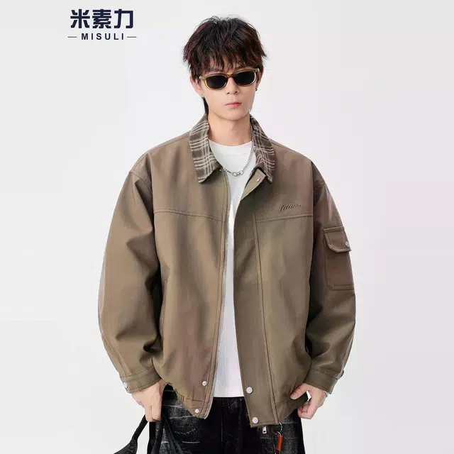 米素力 拼色翻领外套纯色落肩袖宽松型潮夹克 男款