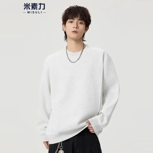 米素力 纯色假两件圆领落肩袖潮套头卫衣 男女同款