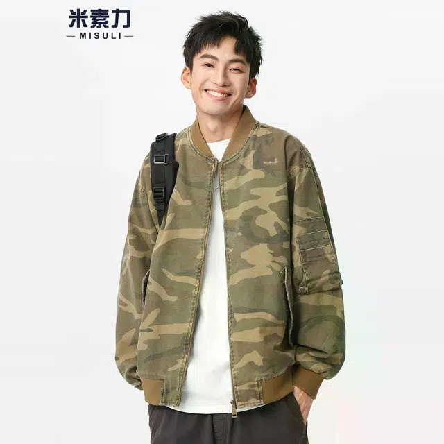 米素力 迷彩飞行员秋季落肩袖宽松型美式夹克 男女同款