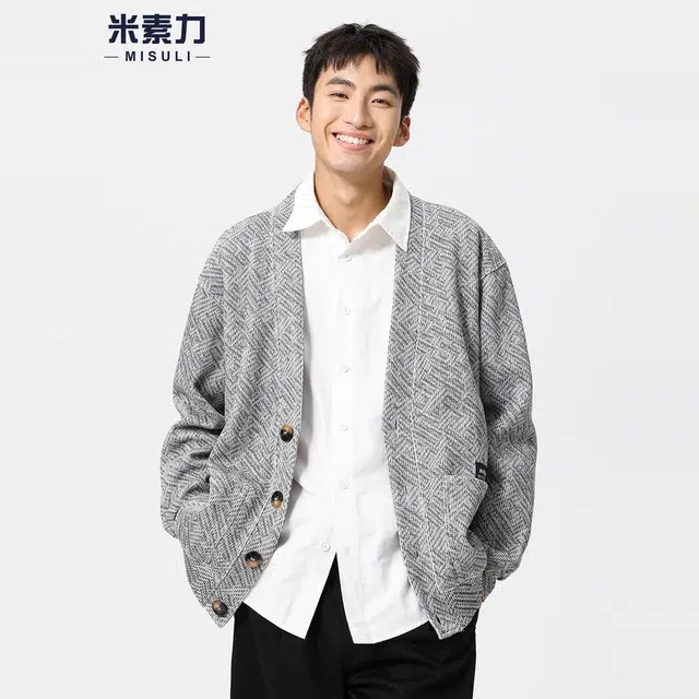 米素力 提花宽松休闲条纹落肩袖开衫卫衣 男女同款