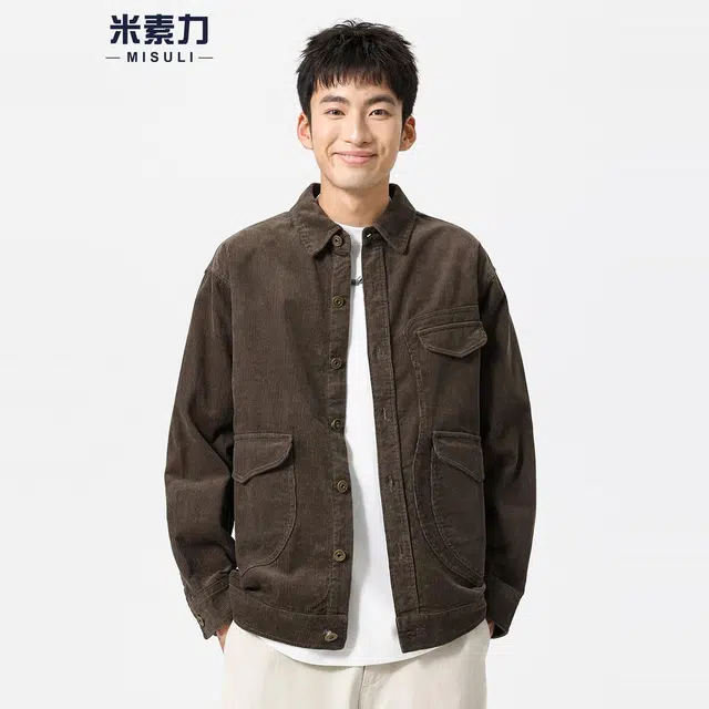 米素力 灯芯绒复古外套纯色落肩袖宽松型休闲风夹克 男女同款