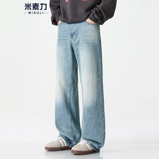 米素力 水洗竹节纹阔腿渐变直筒潮流中腰牛仔裤 男女同款