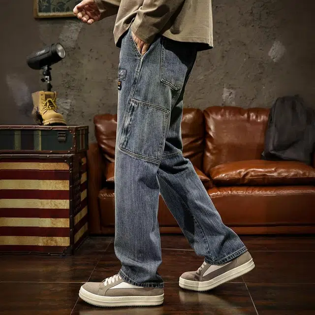 路杰邦 美式高街潮牌复古街头痞帅嘻哈宽松百搭直筒阔腿裤工装牛仔裤 男款