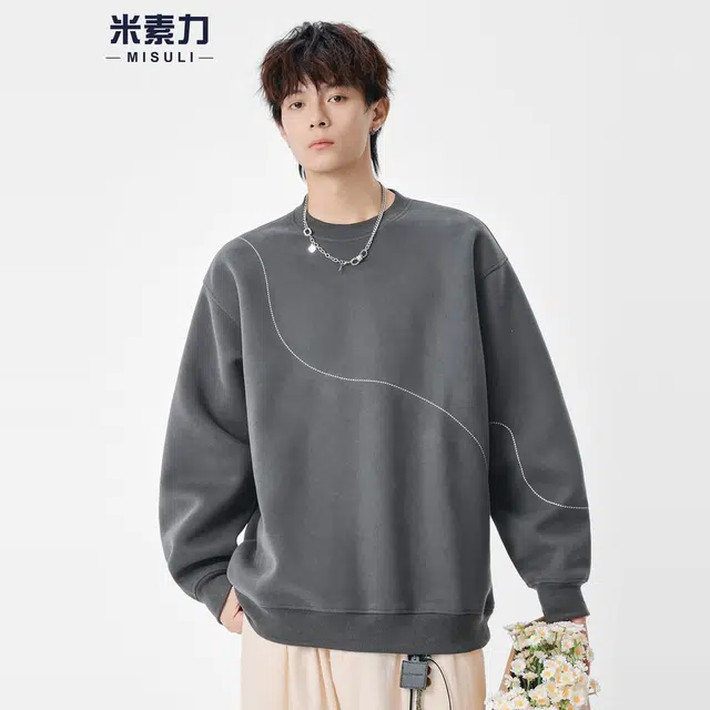 米素力 轻奢高级感圆领细条纹落肩袖潮套头卫衣 男女同款
