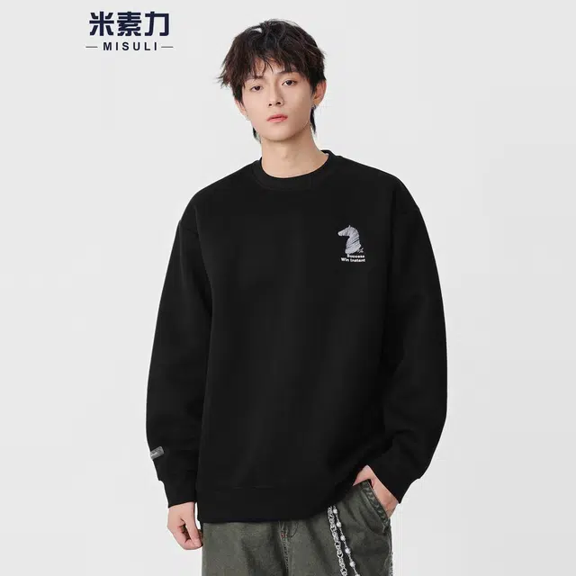 米素力 简约纯色圆领刺绣落肩袖潮套头卫衣 男女同款