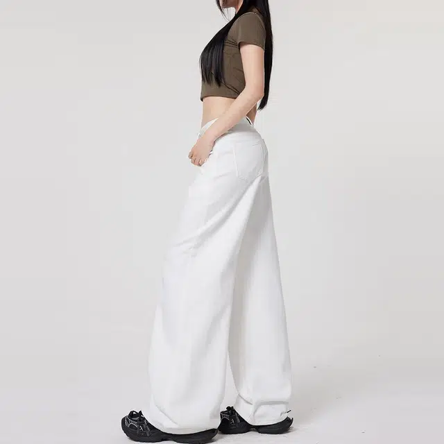 欧迪芬 白色阔腿宽松休闲高腰长裤牛仔裤 女款