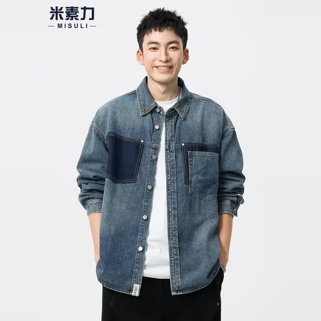 米素力 设计感男士秋季几何图案长袖翻领宽松型牛仔外套 男女同款