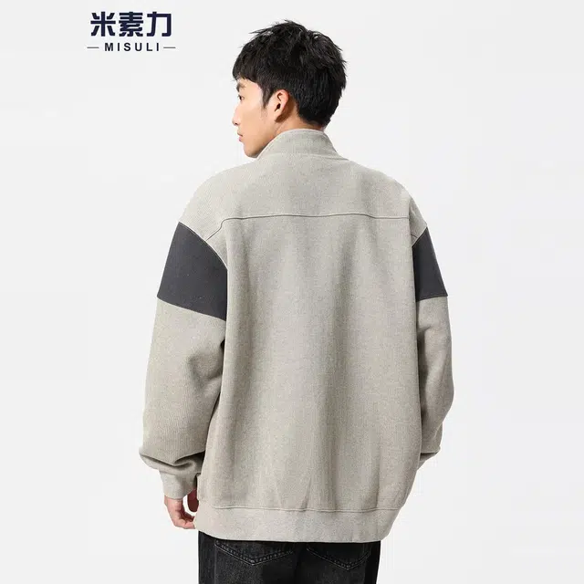米素力 拼色拉链外套刺绣落肩袖美式开衫卫衣 男女同款
