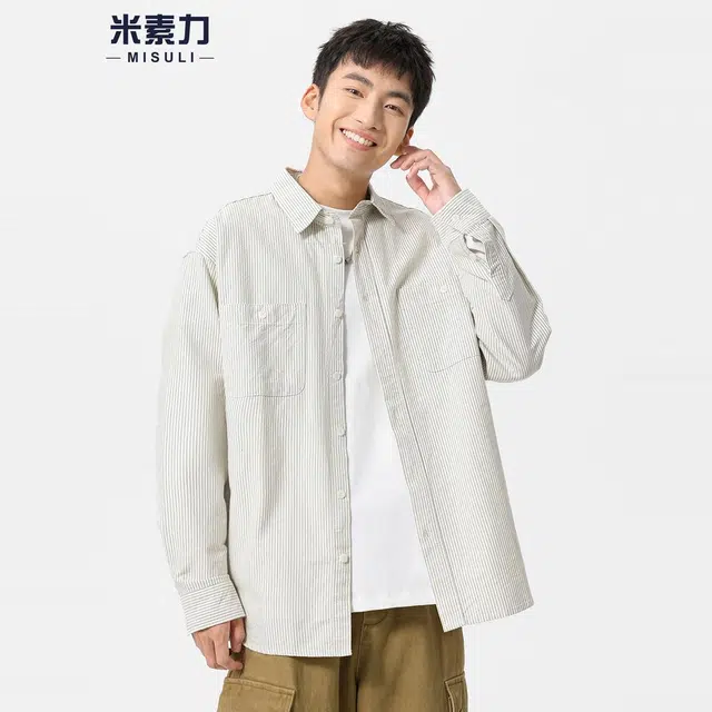 米素力 条纹长袖潮衬衫 男女同款