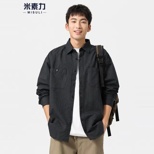 米素力 条纹百搭通勤落肩袖长袖美式衬衫 男女同款
