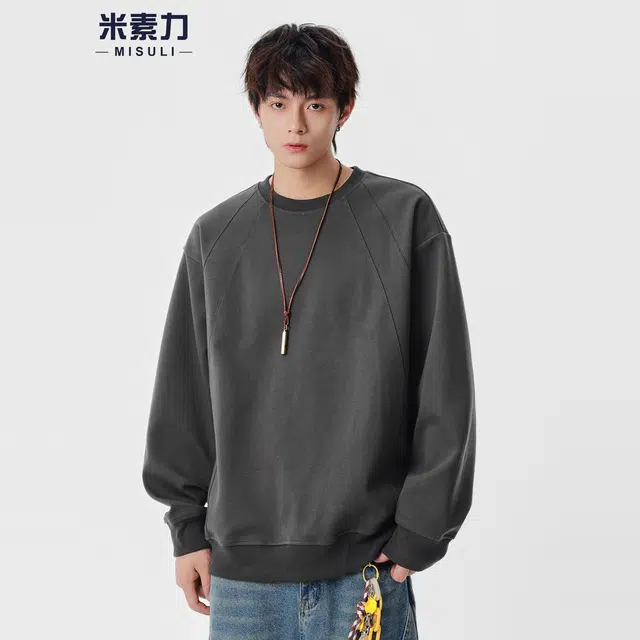 米素力 宽松纯色长袖拼色落肩袖潮套头卫衣 男女同款