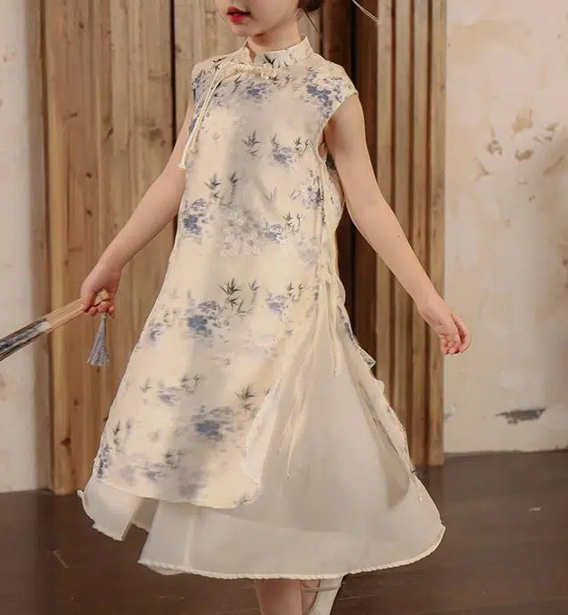 米囹女童中式旗袍连衣裙 夏季儿童夏装女孩国风水墨画汉服裙子 儿童款