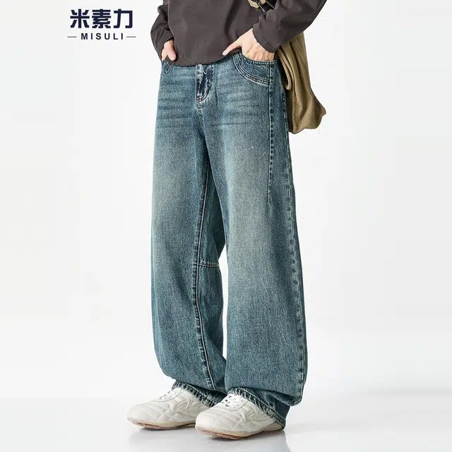 米素力 宽松秋季拖地美式中腰牛仔裤 男女同款
