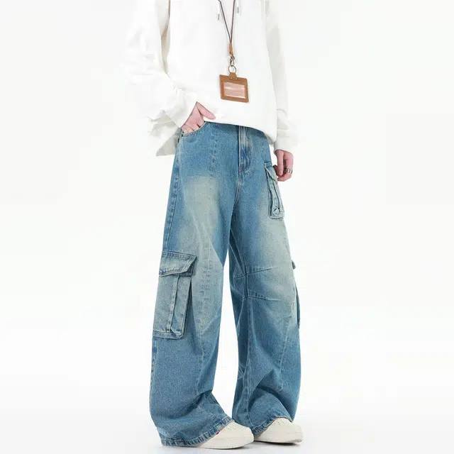 地界二 美式复古潮牌做旧水洗蓝色重工多口袋工装裤男宽松阔腿长裤水洗蓝色重工宽松潮流中腰牛仔裤 男款