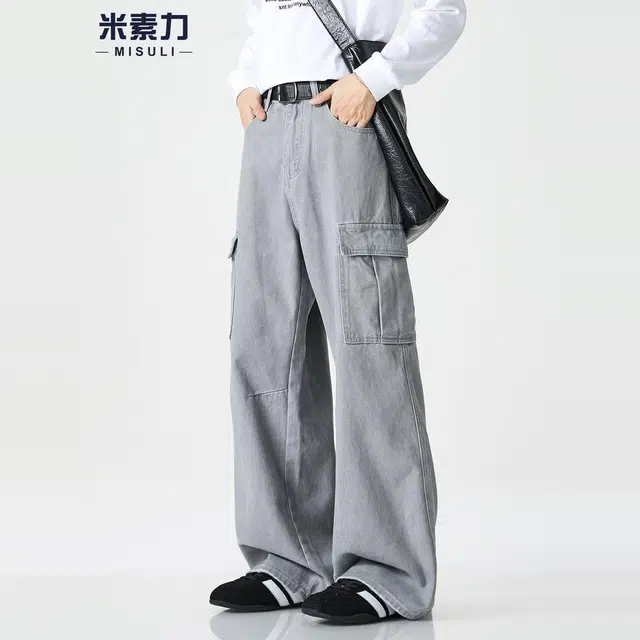 米素力 直筒宽松阔腿纯色工装中腰牛仔裤 男款