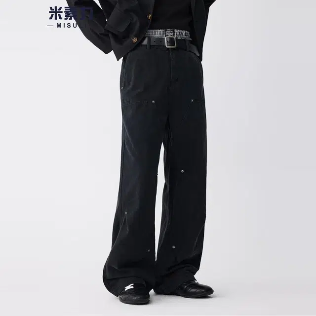 米素力 纯棉高级感潮牌纯色宽松工装中腰牛仔裤 男女同款