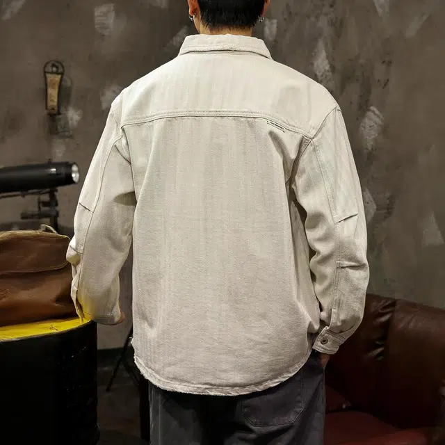 路杰邦 高级感灰白色衬衫男春秋潮牌美式复古破洞工装夹克宽松外牛仔外套 男款