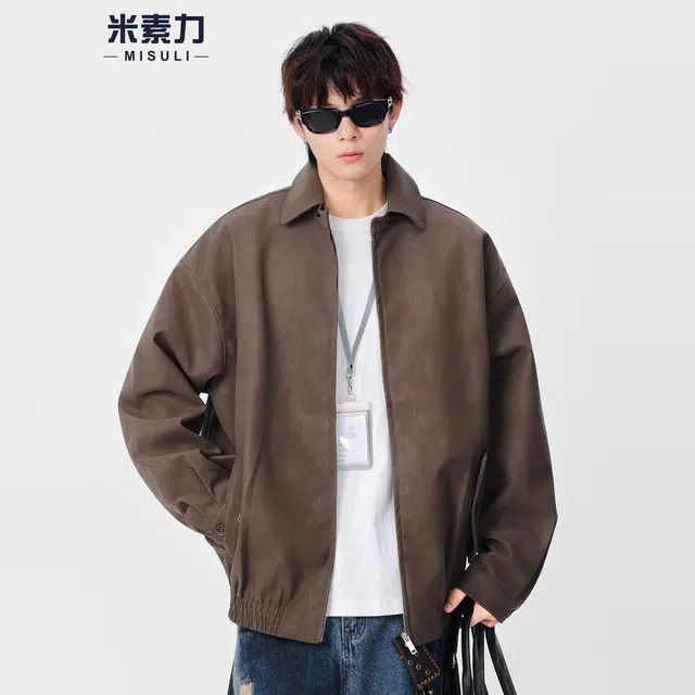 米素力 复古宽松机车服纯色长袖翻领仿皮皮衣夹克 男女同款