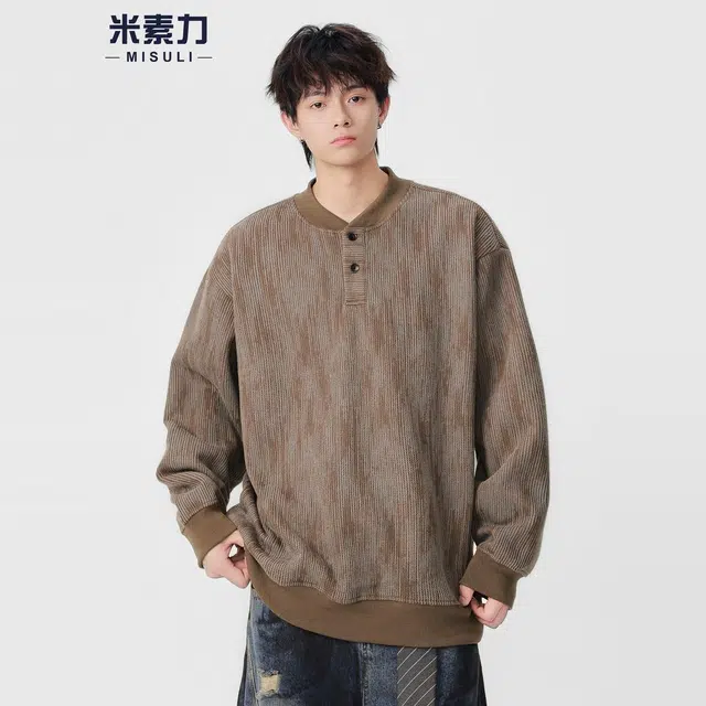 米素力 复古亨利领长袖落肩袖潮套头卫衣 男女同款