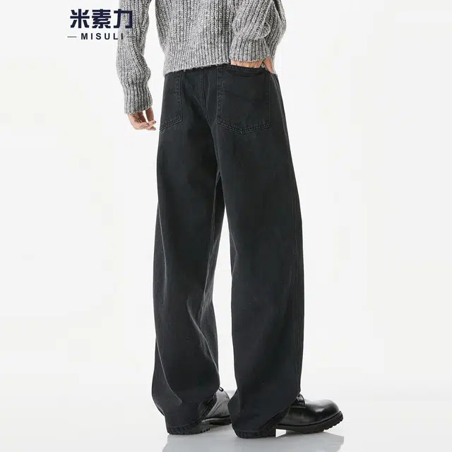 米素力 高级感百搭休闲纯色宽松轻奢风中腰牛仔裤 男款