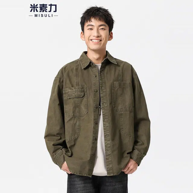 米素力 复古水洗做旧工装线条落肩袖长袖美式衬衫 男女同款