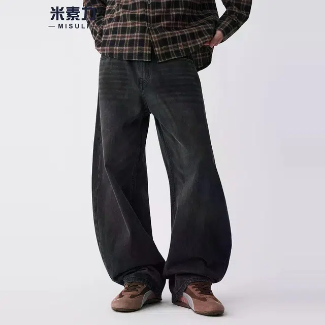 米素力 复古高街纯色宽松休闲中腰牛仔裤 男女同款