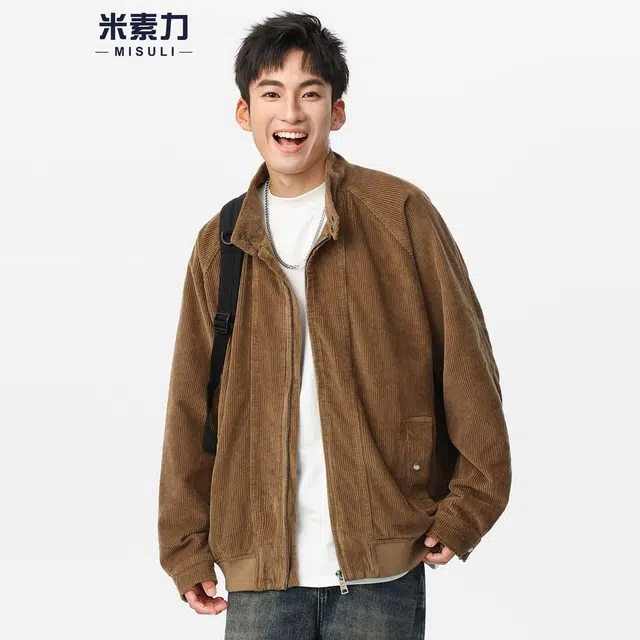 米素力 灯芯绒立领秋季拼色落肩袖宽松型美式夹克 男款