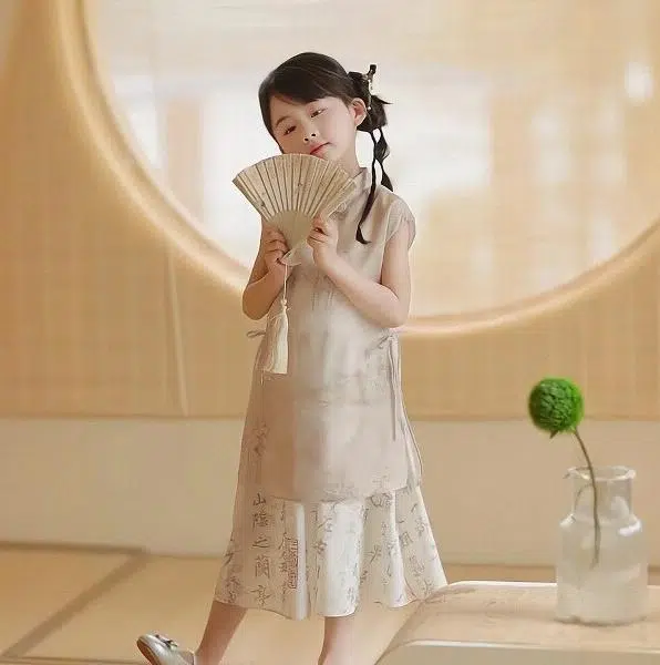 米囹女童千字文汉服连衣裙 夏季洋气小女孩裙子新中式国风旗袍 儿童款
