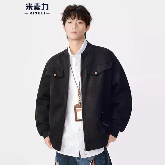 米素力 麂皮绒工装秋季纯色落肩袖宽松型复古风夹克 男女同款