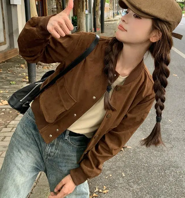 邦固依品 慵懒风外套女春秋款休闲百搭麂皮绒短款棒球服上衣秋季夹克 女款