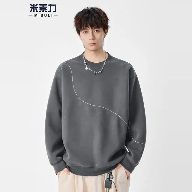 米素力 轻奢高级感圆领细条纹落肩袖潮套头卫衣 男女同款