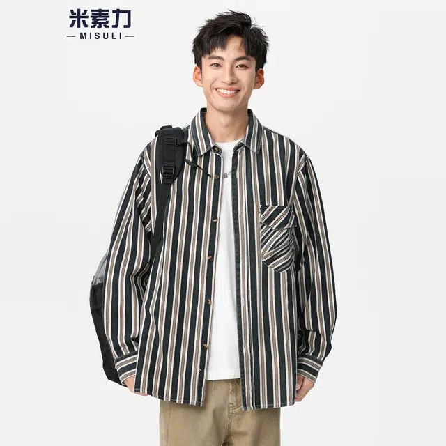 米素力 条纹外搭痞帅落肩袖长袖休闲风衬衫 男女同款