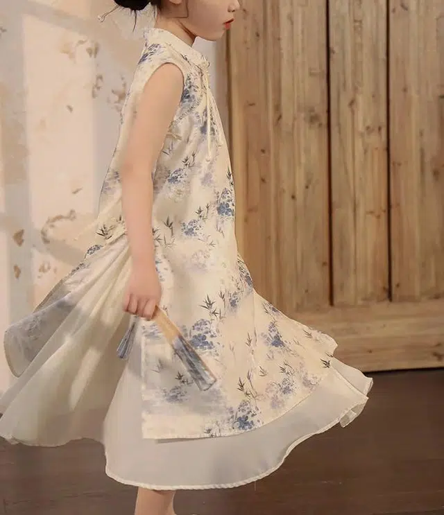 米囹女童中式旗袍连衣裙 夏季儿童夏装女孩国风水墨画汉服裙子 儿童款