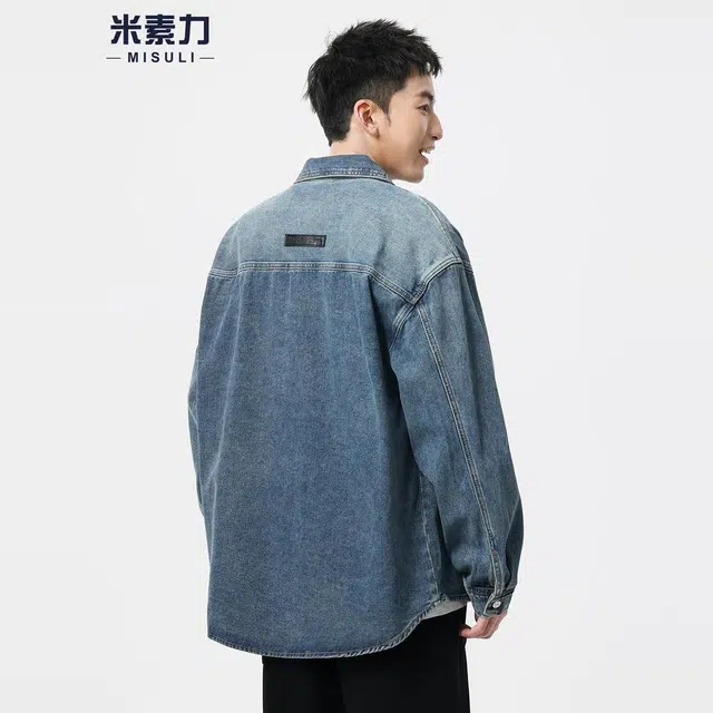 米素力 设计感男士秋季几何图案长袖翻领宽松型牛仔外套 男女同款