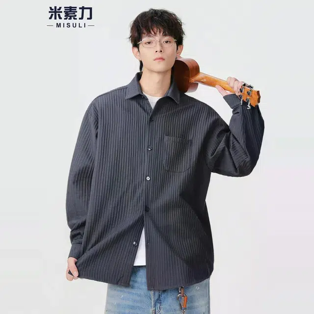 米素力 日系休闲轻奢纯色落肩袖长袖潮衬衫 男女同款