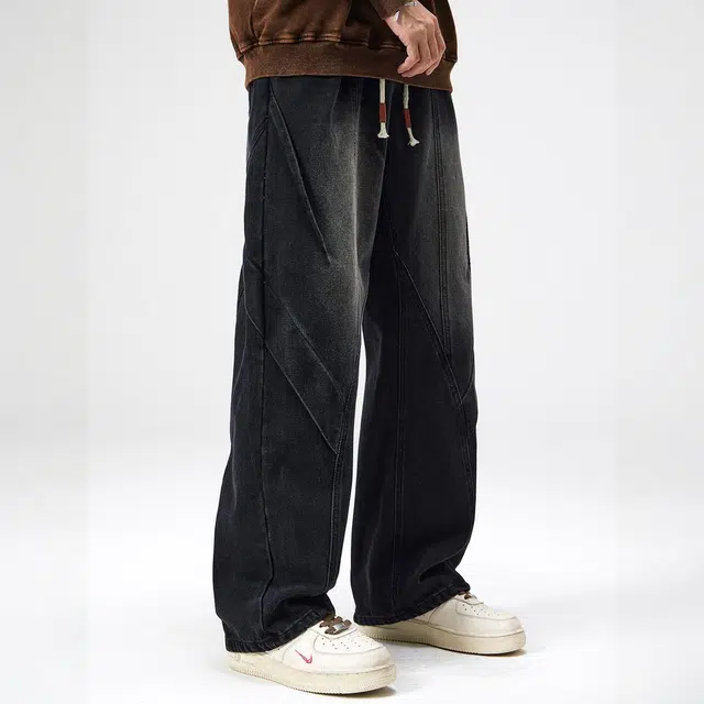 杜克恩 重磅水洗做旧工装阔腿裤秋季美式复古高街潮牌抽绳长裤宽松休闲直筒牛仔裤 男款