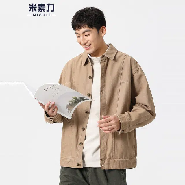 米素力 竹节纹衬衫式秋季落肩袖宽松型休闲风夹克 男女同款