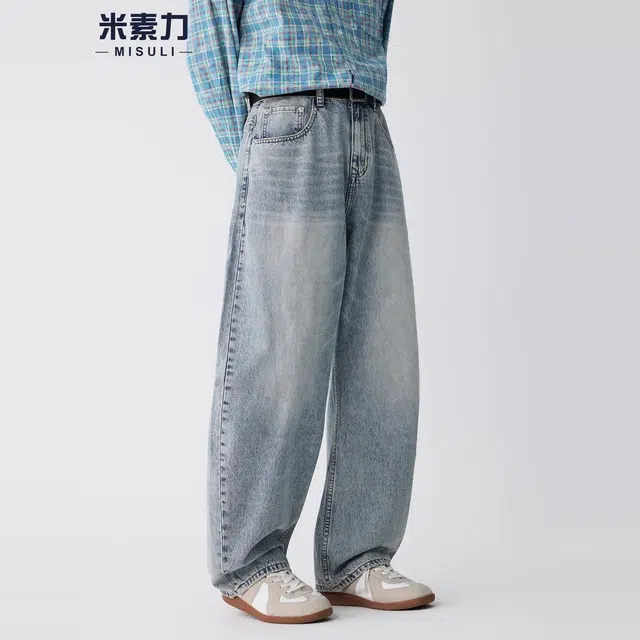 米素力 水洗做旧男士直筒纯色宽松休闲中腰牛仔裤 男女同款
