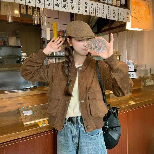 邦固依品 慵懒风外套女春秋款休闲百搭麂皮绒短款棒球服上衣秋季夹克 女款