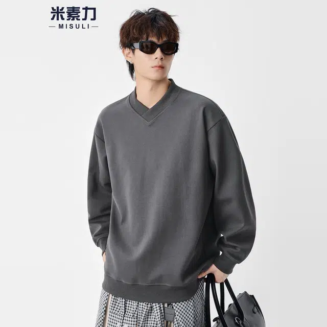 米素力 慵懒风落肩重磅纯色潮套头卫衣 男女同款