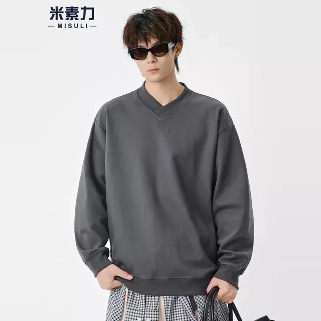 米素力 慵懒风落肩重磅纯色潮套头卫衣 男女同款