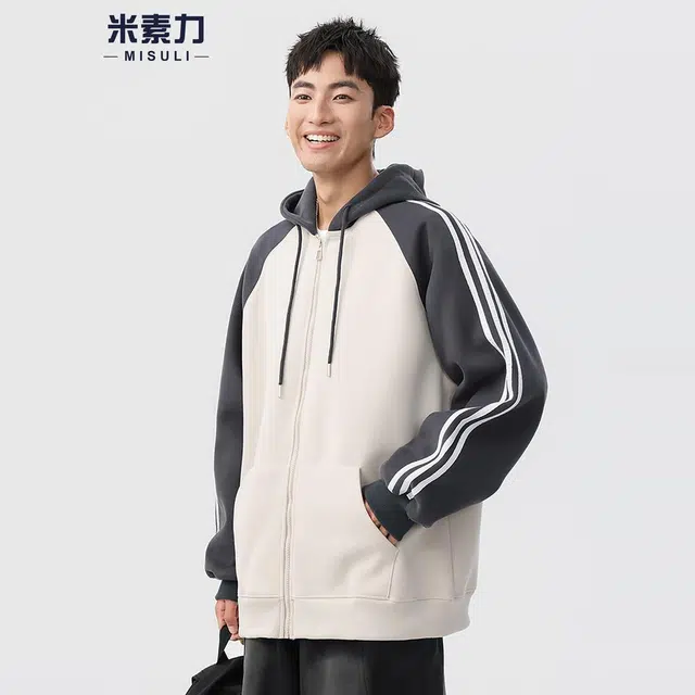 米素力 拼色连帽爆款插肩袖运动风开衫卫衣 男女同款
