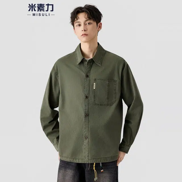 米素力 设计感翻领长袖纯色常规复古风衬衫 男款