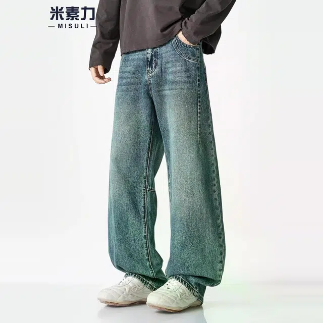 米素力 宽松秋季拖地美式中腰牛仔裤 男女同款
