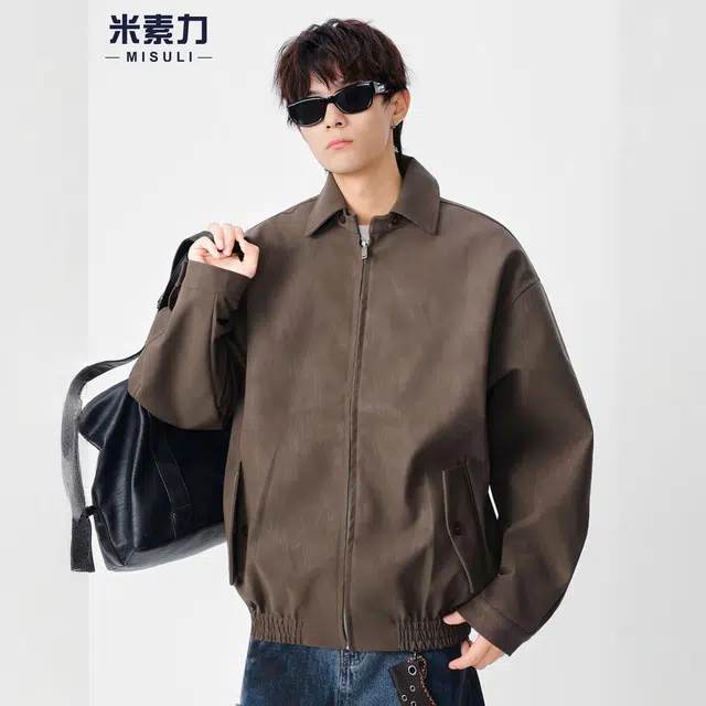 米素力 复古宽松机车服纯色长袖翻领仿皮皮衣夹克 男女同款