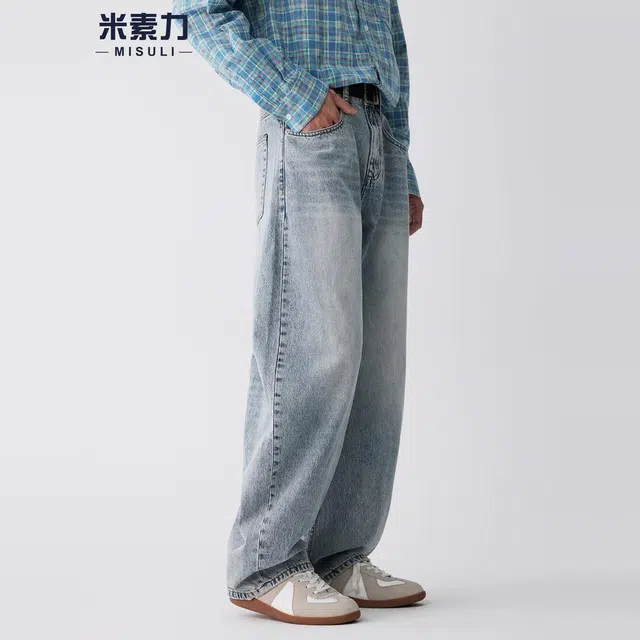 米素力 水洗做旧男士直筒纯色宽松休闲中腰牛仔裤 男女同款