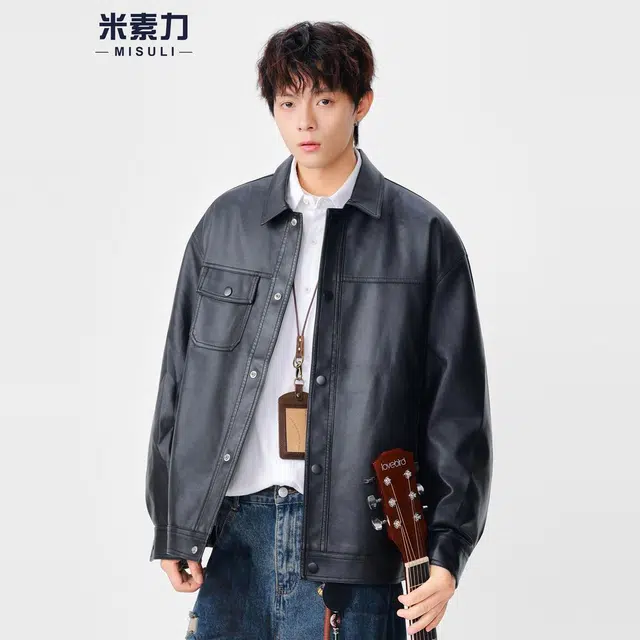 米素力 棕色高街痞帅纯色长袖翻领宽松型仿皮皮衣夹克 男女同款