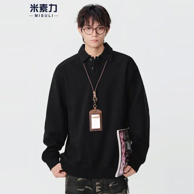 米素力 黑色长袖秋季几何休闲风卫衣 男女同款