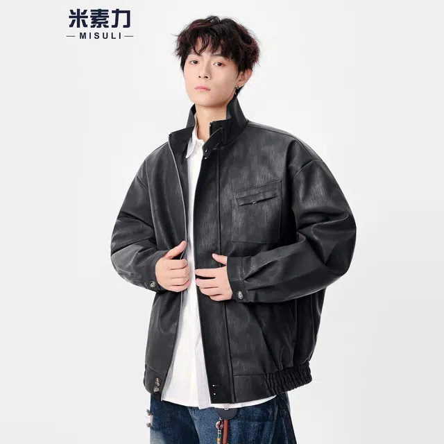 米素力 立领机车潮纯色长袖翻领宽松型真皮皮衣夹克 男款