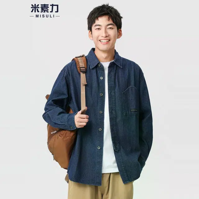 米素力 覆古条纹长袖落肩袖衬衫 男女同款